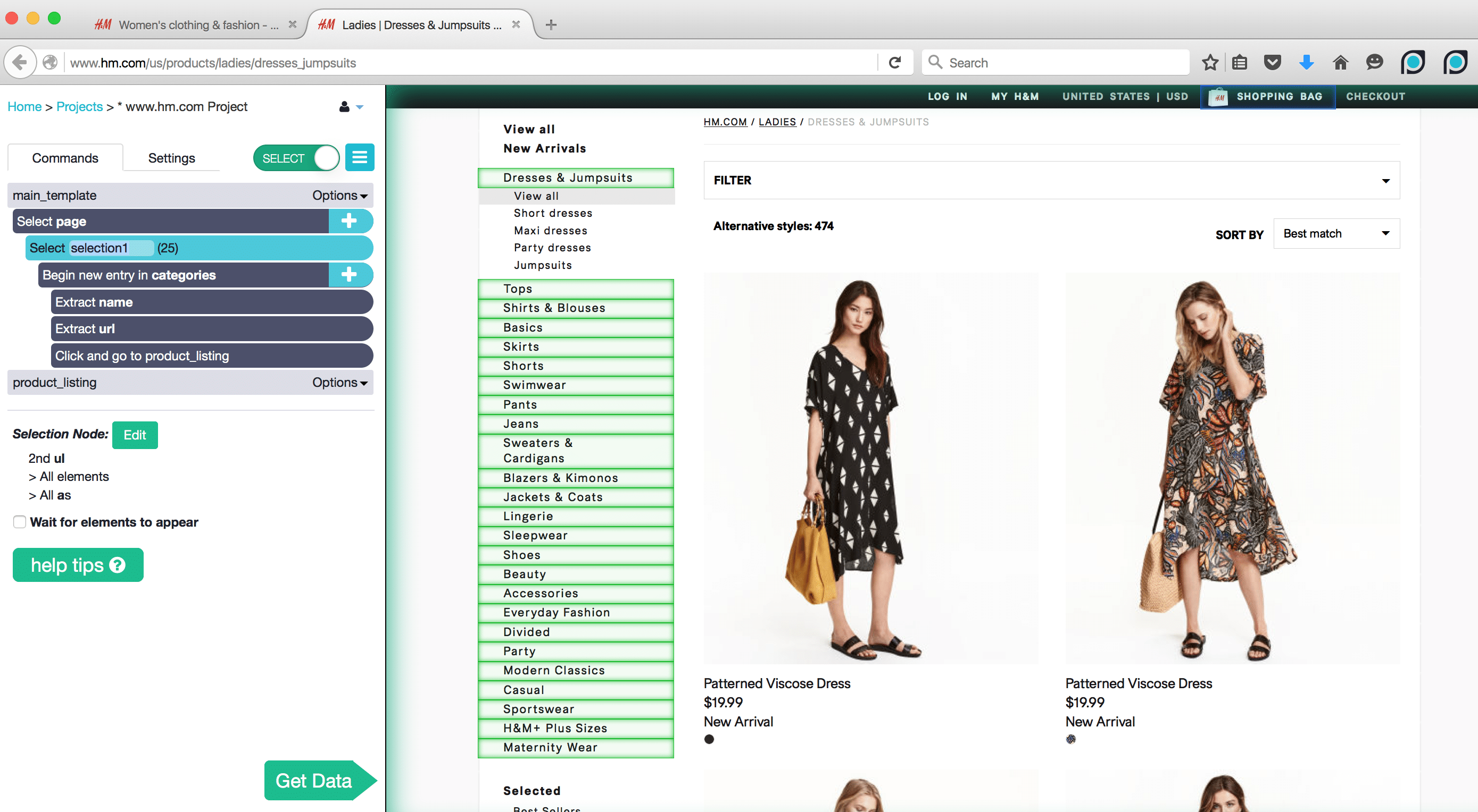 Scraping d'un site de mode avec PArseHub