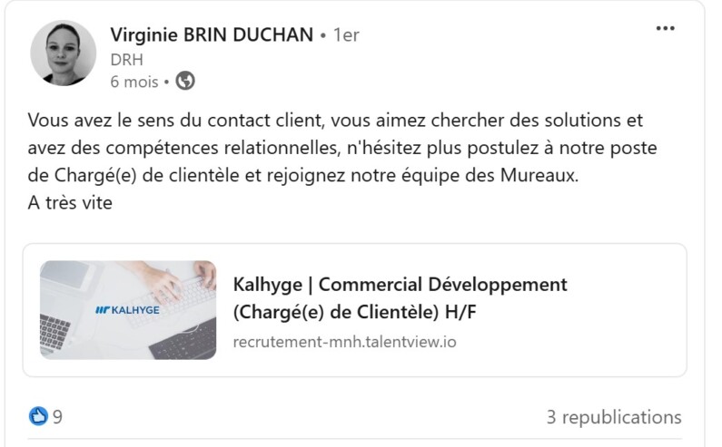 Recrutement et réseaux sociaux : exemple d'une DRH partageant une offre d'emploi sur son profil LinkedIn.