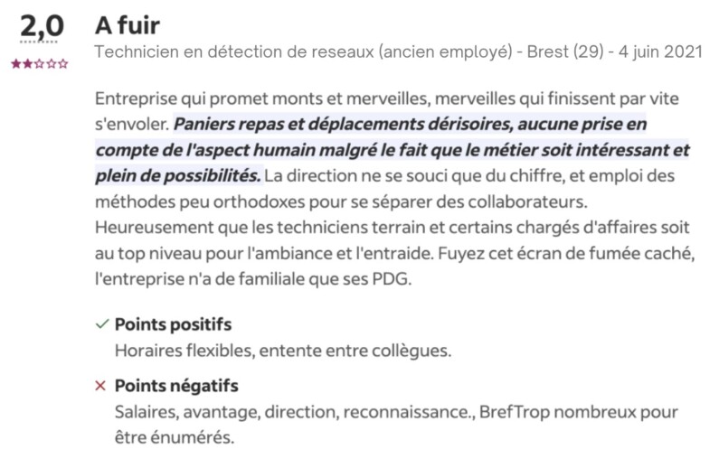 Exemple : note 2/5 et commentaire d’un salarié d’une entreprise sur Indeed "à fuir".
