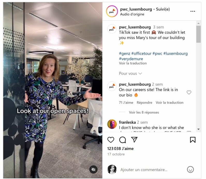 Recrutement et réseaux sociaux : exemple de vidéo humoristique sur Instagram dans laquelle la directrice communique sur les avantages offerts par l’entreprise en utilisant le langage de la génération Z.