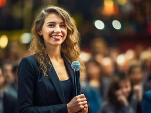 Al fondo, varias personas están sentadas en una sala de conferencias. En primer plano, una joven sonriente se mantiene erguida con un micrófono en las manos. Está a punto de hablar con los líderes.