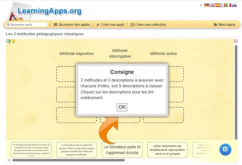 Capture d'écran de Learning apps. Consigne : 3 méthodes et 3 descriptions à associer, soit 9 descriptions à classer dans 3 colonnes. Colonne 1 : méthode expositive. Colonne 2 : méthode interrogative. Colonne 3 : méthode active.
