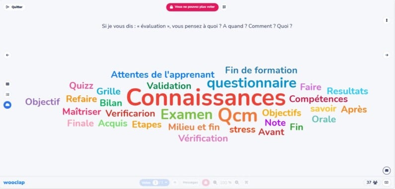 Nuage de mots : connaissances, questionnaire, compétences, examen, QCM, savoir, acquis, validation, objectif, résultats...