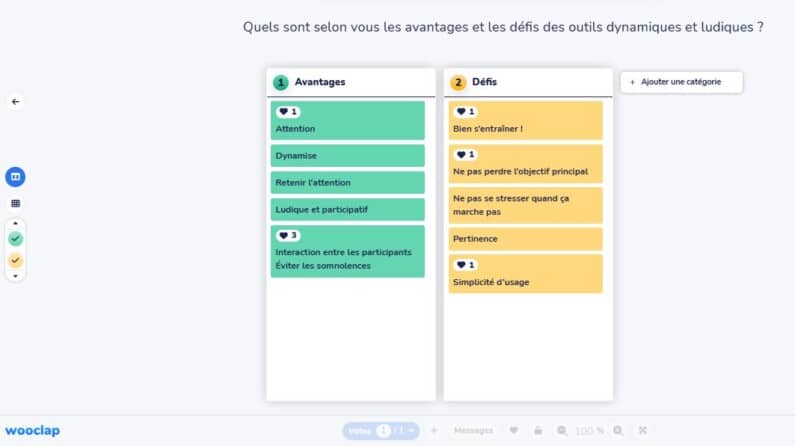 Capture d'écran de Wooclap. Quels sont selon vous les avantages et les défis des outils dynamiques et ludiques ? Les participants notent leurs réponses dans deux colonnes, à gauche les avantages, à droite les défis.