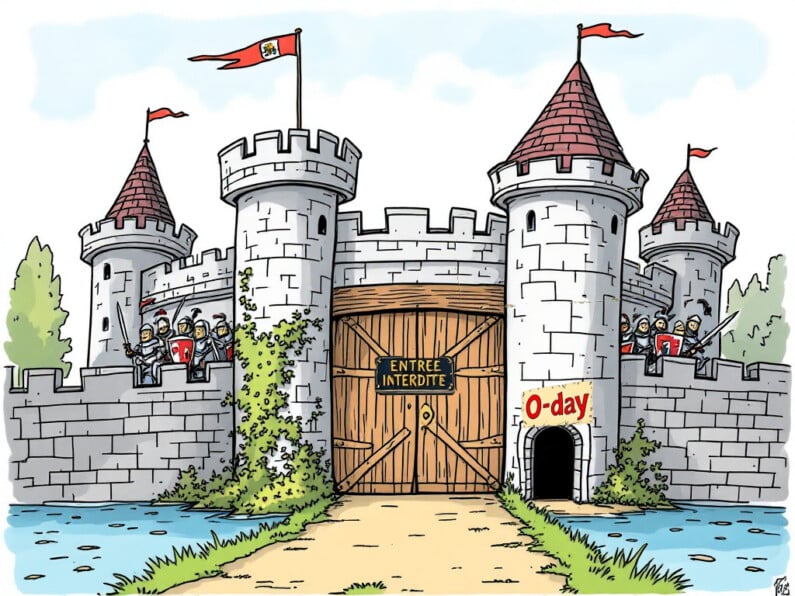 Illustration faille 0-day avec un chateau fort et une entrée dérobée dans la muraille