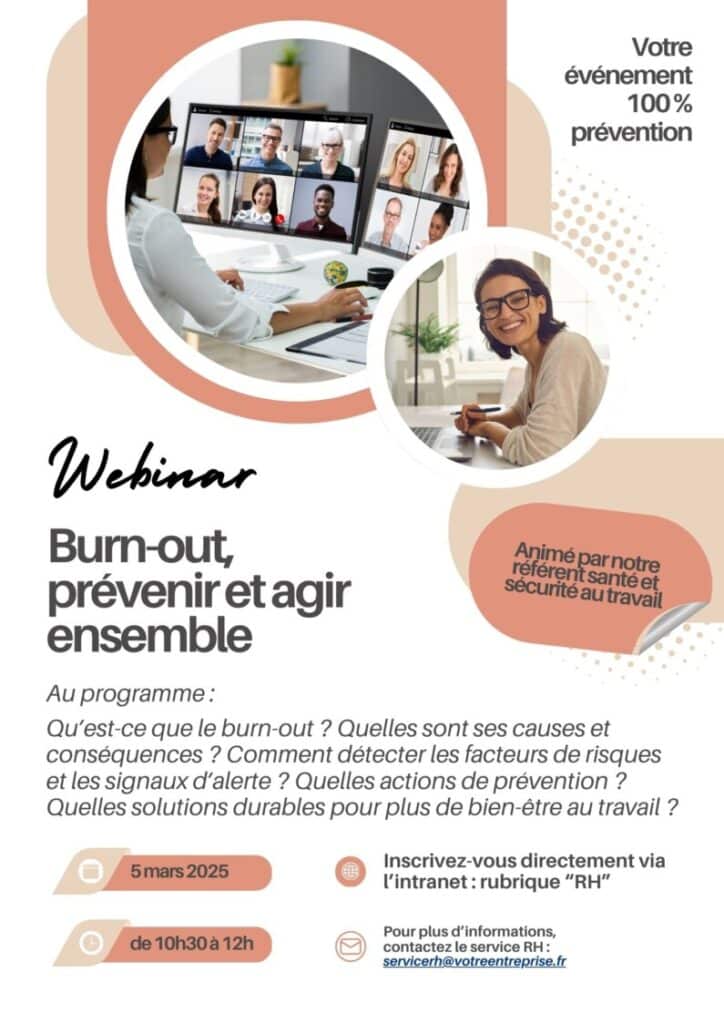 Exemple d'affiche pour un webinar sur le thème de la prévention de l'épuisement professionnel, également appelé burn-out.