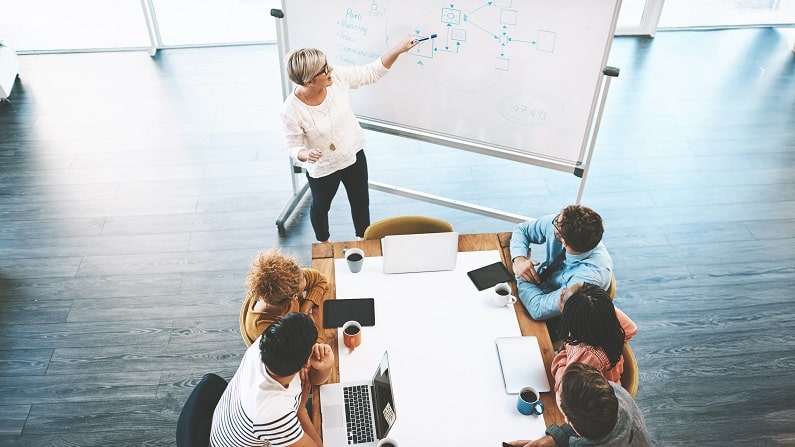 Illustratie van het profiel van de "verklarende manager". De manager staat voor een whiteboard en toont een diagram aan zijn team.