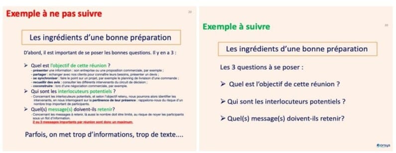 Modelpresentatie van een cursushulp, voorbeelden van dia's, wat niet te volgen en wat wel te volgen
