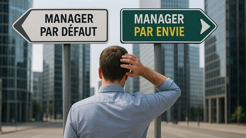 Illustration de l'article "comment redonner aux managers l'envie de s'engager". Dans un quartier d'affaires, un manager doit choisir une direction. Deux panneaux de signalisation routière indiquent des directions opposées : vers la gauche "manager par défaut", vers la droite "manager par envie".