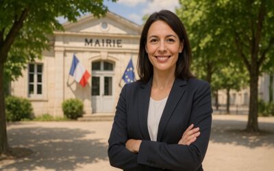 Foto ter illustratie van het artikel in de vorm van een zakelijk dossier over de secretaris-generaal van een gemeentehuis. Op de voorgrond poseert een vrouw met haar armen over elkaar en glimlachend op een schaduwrijk plein. Op de achtergrond een klein stadhuisgebouw met een ingang omringd door een Franse vlag en een Europese vlag.