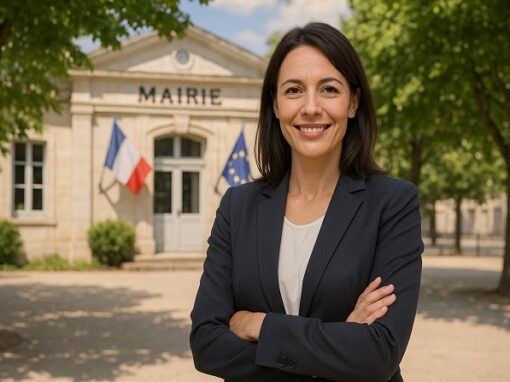 Foto ter illustratie van het artikel in de vorm van een zakelijk dossier over de secretaris-generaal van een gemeentehuis. Op de voorgrond poseert een vrouw met haar armen over elkaar en glimlachend op een schaduwrijk plein. Op de achtergrond een klein stadhuisgebouw met een ingang omringd door een Franse vlag en een Europese vlag.