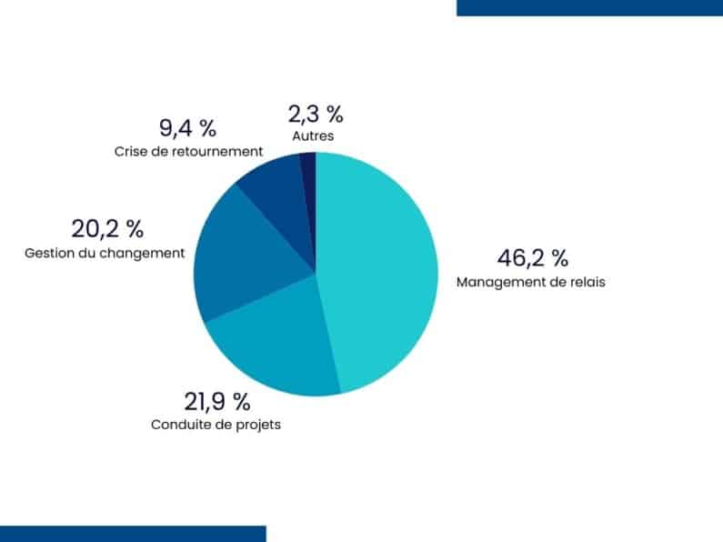 A graphic presentation of the different types of assignment: in order of importance, relay management, project management, change management, turnaround crisis and others.