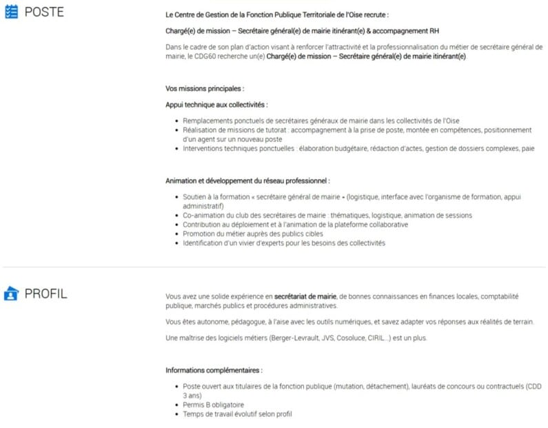 Exemple d'offre d'emploi pour un poste de secrétaire général de mairie