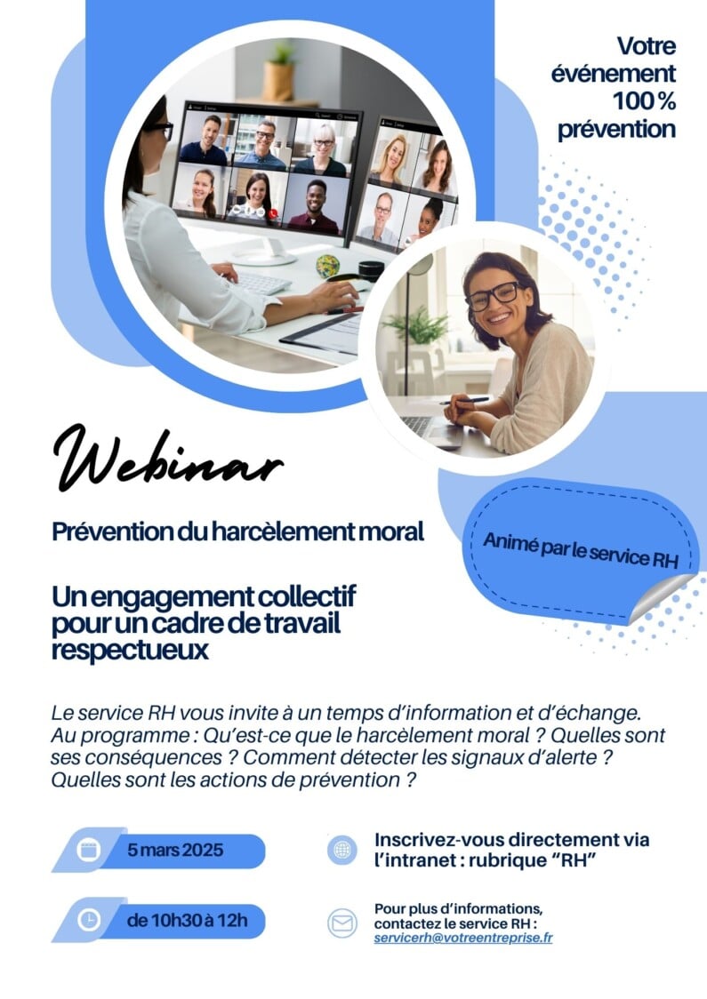 Exemple d'affiche pour annoncer un webinar de prévention du harcèlement moral