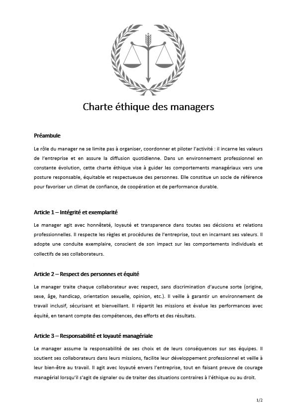 Exemple de charte éthique des managers incluant un préambule et trois articles sur la page 1.
