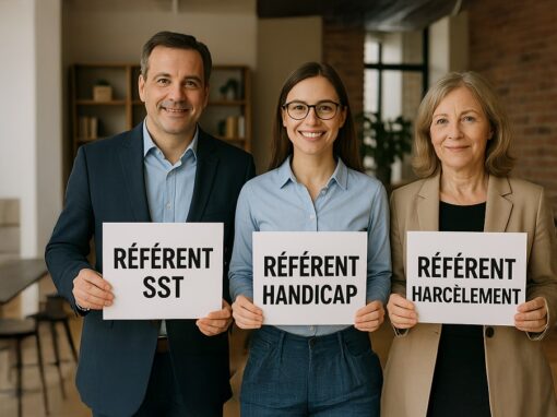 Imagen que ilustra el artículo sobre los representantes en materia de salud y seguridad en el trabajo, discapacidad y acoso: tres personas sostienen cada una un cartel en el que se indica su función.