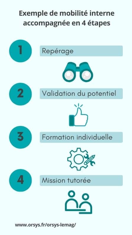 Exemple de mobilité interne accompagnée en 4 étapes : 1/ Repérage 2/ Validation du potentiel 3/ Formation individuelle 4/ Mission tutorée