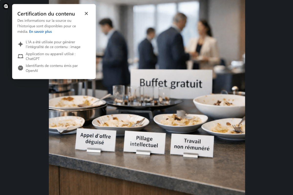 Illustration d’un visuel généré par IA, accompagné d’un encadré de certification du contenu indiquant que l’image a été créée par IA via ChatGPT. Ce visuel sert d’exemple pédagogique pour expliquer les dispositifs de transparence et de traçabilité des contenus générés par IA (content credentials, C2PA, métadonnées IPTC) mis en place par certains réseaux sociaux afin d’informer les utilisateurs sur l’origine des images et de prévenir les risques de manipulation ou de confusion.